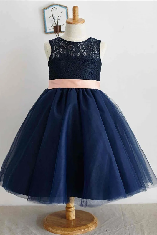 Savings Alert ashionable dressCute Crew Neck  Navy Blue Flower Girl Dress