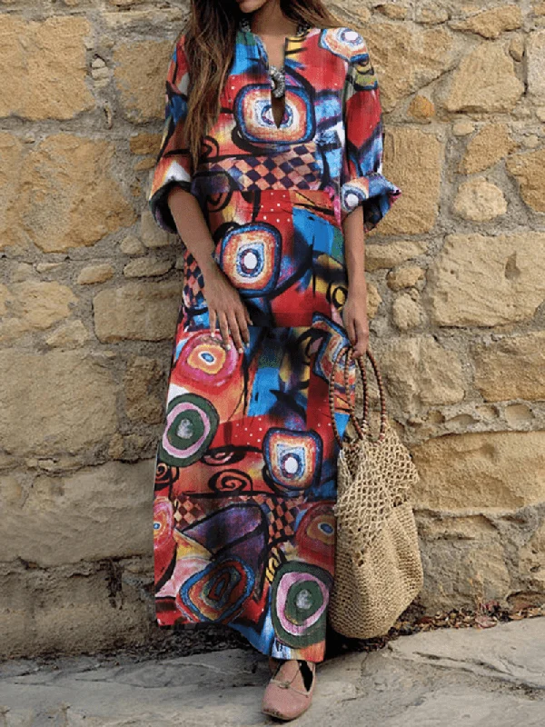 Crazy Savings chic shift dressWomen Ethnic Abstract Print Long Sleeve Bohemian Maxi Dress