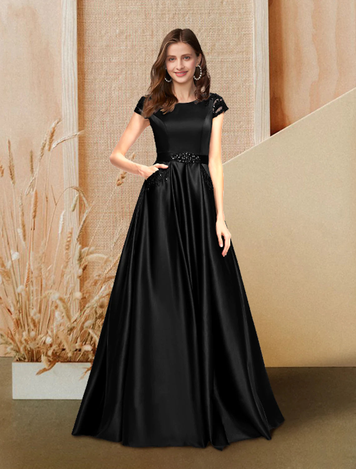 Deal Dash A-Line Evening Gown Luxurious Dress Wedding Guest Floor Length Short Sleeve Jewel Neck Pocket Satin with Beading Lace Insert Pocket Deal Dash A-Line Evening Gown Luxurious Dress Wedding Guest Floor Length Short Sleeve Jewel Neck Pocket Satin with Beading Lace Insert Pocket