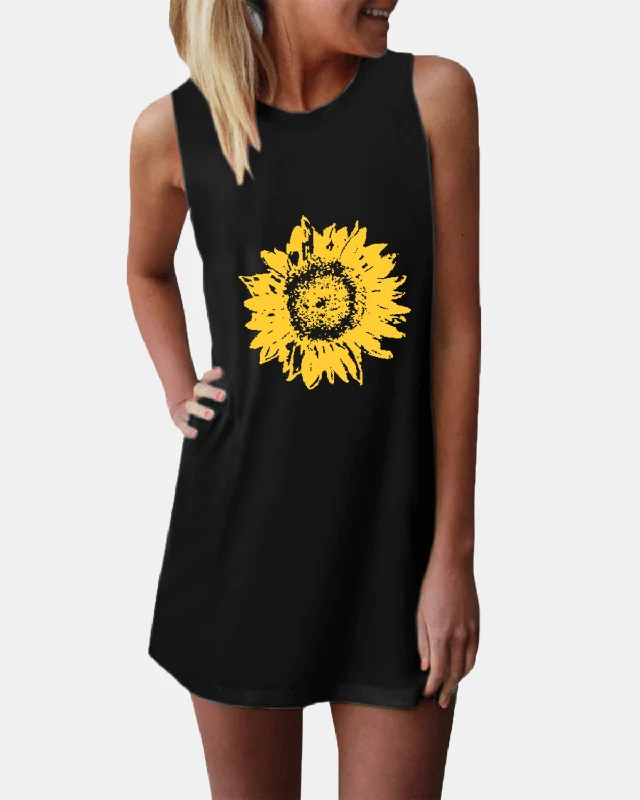 Must-Have Deals mini dressSunflower Print O-Neck Sleeveless Casual Mini Dress