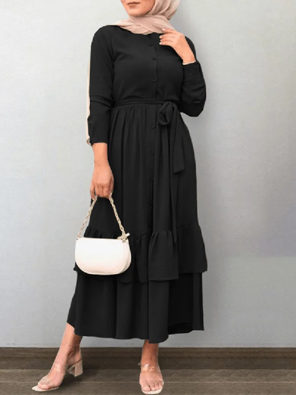 Weekend Deal statement dressWomen Button Front O-Neck Tiered Ruffle Hem Belted Kaftan Maxi Dresses