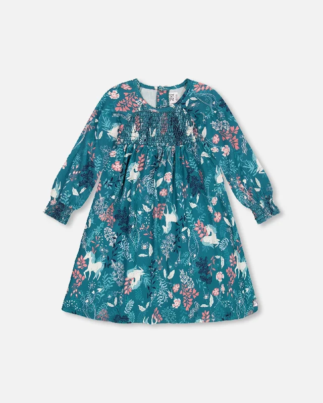 Markdown Madness relaxed fit dressPuffy Long Sleeve Viscose Dress Turquoise Printed Fairy Unicorn
