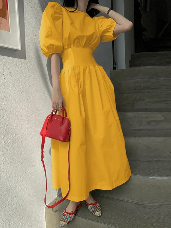 Hurry In shift dressPuff Sleeve O-Neck Short Sleeve Elastic Cuffs Casual Maxi Dress