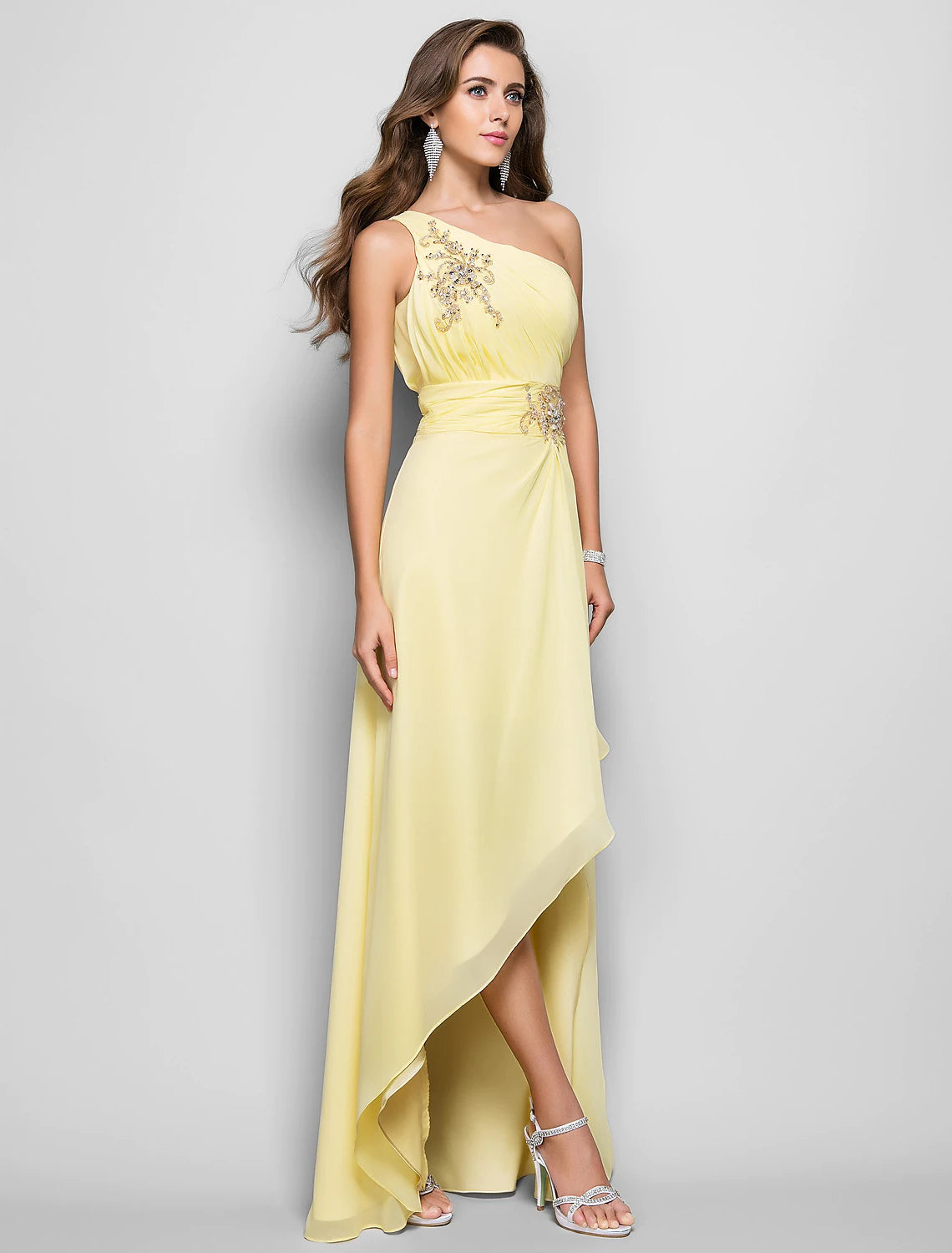 Price Drop Alert Elegant Dress Wedding Guest Asymmetrical Sleeveless One Shoulder Chiffon with Beading Slit Appliques