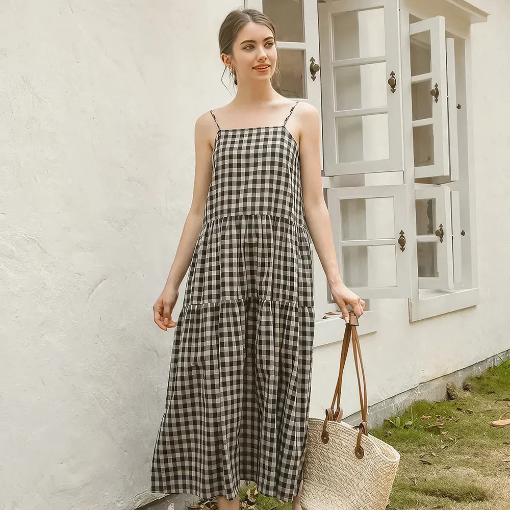Friends and Family Sale elegant maxi dressVintage Plaid Cotton Linen Summer Dress