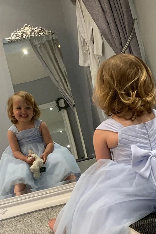 Unbeatable Prices boho-chic dressLight Blue Beaded Straps Pleated Long Flower Girl Dress with Bow