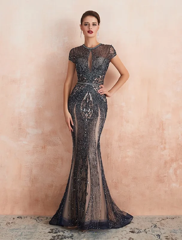 Unmissable Offer Evening Gown Luxurious Dress Engagement Short Sleeve Jewel Neck Tulle with Beading