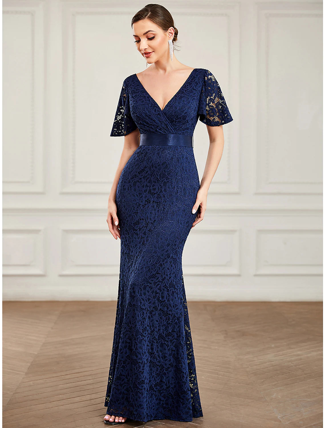 Unbeatable Prices Evening Gown Vintage Dress Wedding Floor Length Short Sleeve V Neck Lace V Back with Sash Ribbon