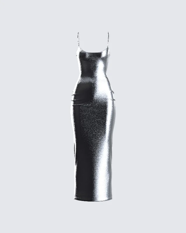 elegant shift dressAurra Metallic Gunmetal Midi Dress