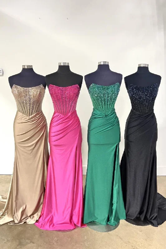 Buy Now chic shift dressBeaded Fuchsia Strapless Satin Mermaid Long Prom Dress
