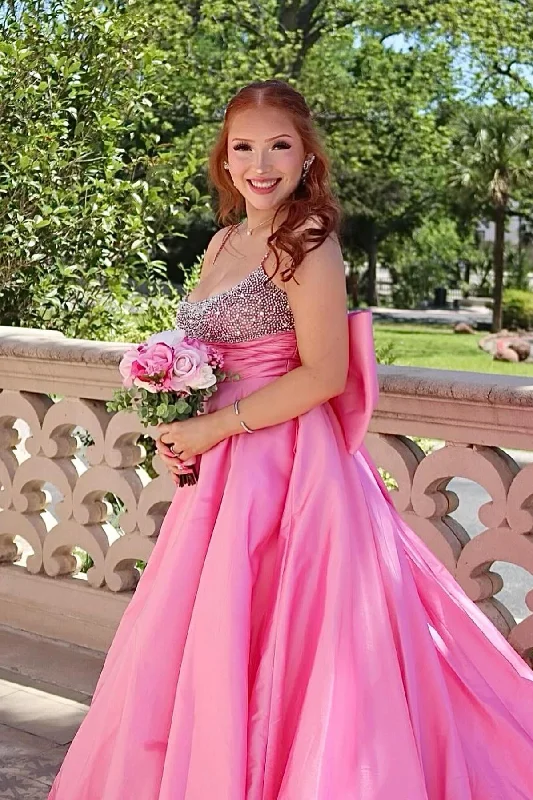 Act Fast stylish party dressBeaded Pink Satin A-line Long Formal Dress with Bow