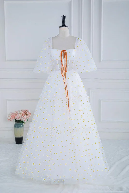 Price Cut chic slip dressWhite Daisy Embroidery Puff Sleeves A-line Long Prom Dress