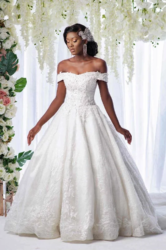 Weekend Special vintage-inspired dressOff the shoulder Beaded Lace White Wedding with Train