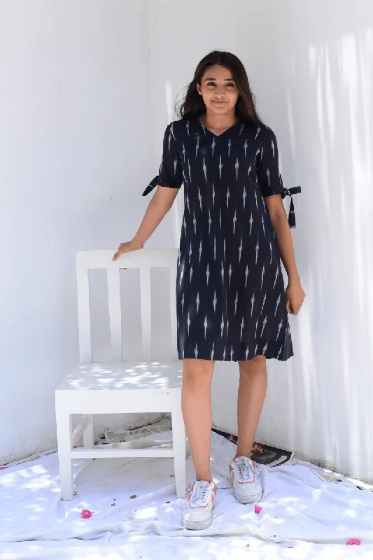 Savings Bonanza Weaved Black Ikkat A-line Knot Dress