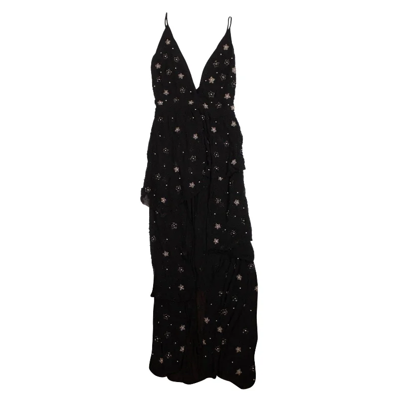 silk dressBlack Asymmetrical Deep V Bead Silk Long Dress