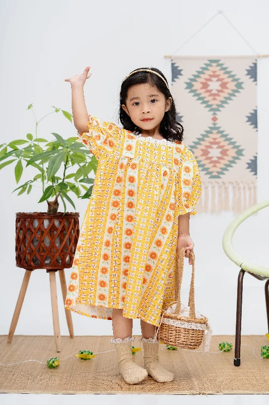 Stock Up and Save Flower Puff Sleeve Dress in Yellow
