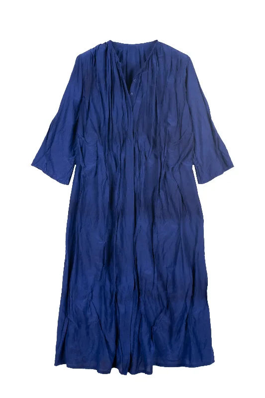 Online Only DYED COTTON SILK VOILE WAVY TUCK CROPPED SLV. DRESS - dc1434-blu -