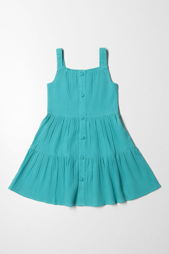 vintage-inspired dressButton Down Tiered Dress Teal