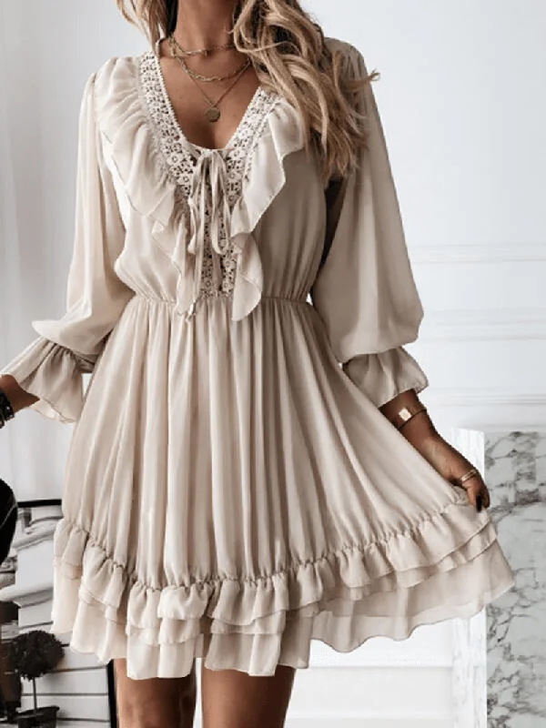 Deal Dash office dressSolid Pleating Leisure Long Sleeve Casual Dress for Women