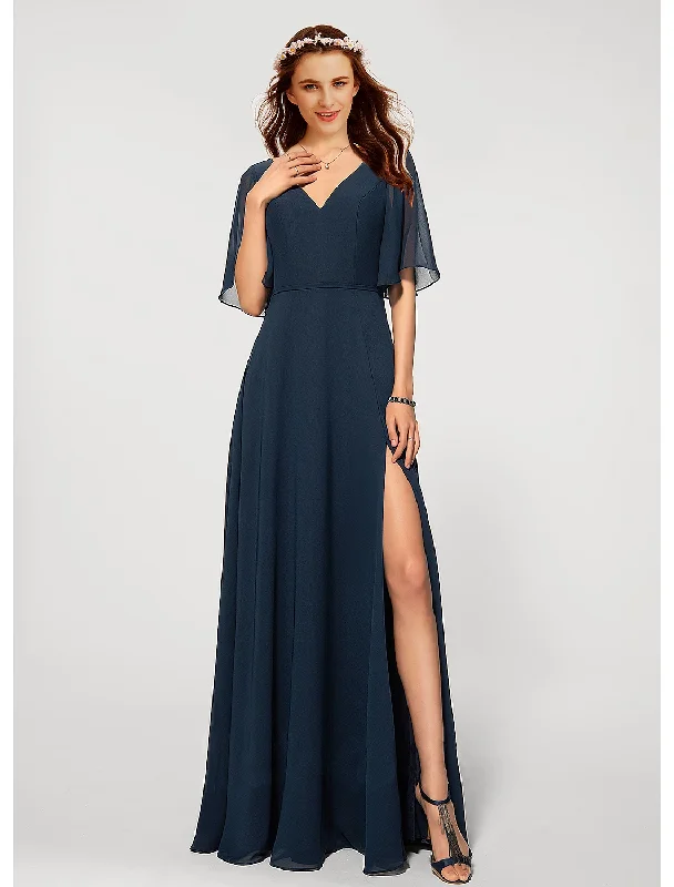 While Supplies Last A-Line Evening Gown Dress Wedding Guest Floor Length Half Sleeve V Neck Chiffon V Back with Sleek Slit While Supplies Last A-Line Evening Gown Dress Wedding Guest Floor Length Half Sleeve V Neck Chiffon V Back with Sleek Slit