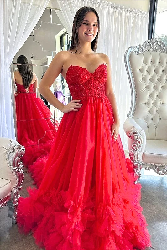 Shop and Save summer dressRed Floral Strapless A-line Ruffle Layers Long Prom Dress