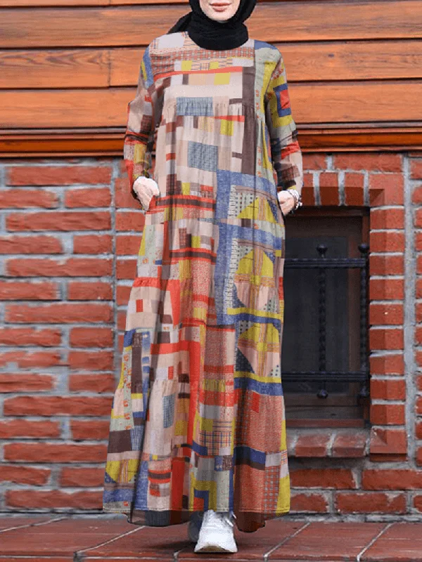 Savings Spectacular party-ready dressWomen Abstract Print Tiered Vintage Robe Long Sleeve Maxi Dresses with Pocket