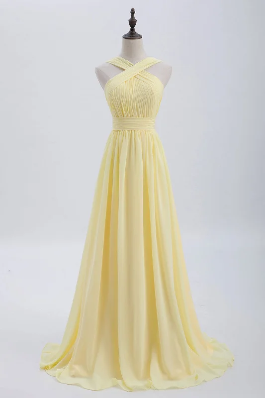 Online Exclusive wrap dressCross Front Yellow Pleated Chiffon Long Bridesmaid Dress