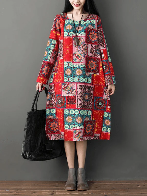 Clearance Sale luxury dressWomen Casual Loose Printed O-Neck Long Sleeve Dress