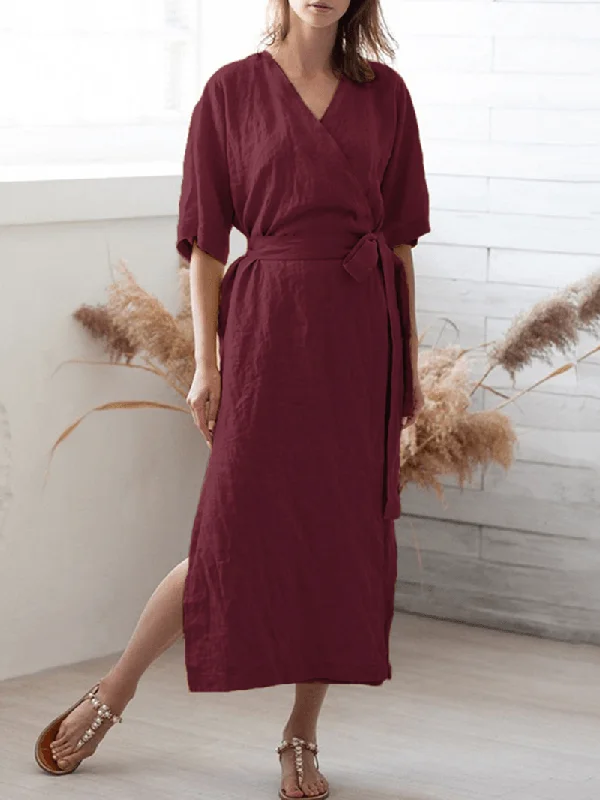 Special Price elegant shift dressWomen Casual Loose Cotton Pure Color Half Sleeve Dress
