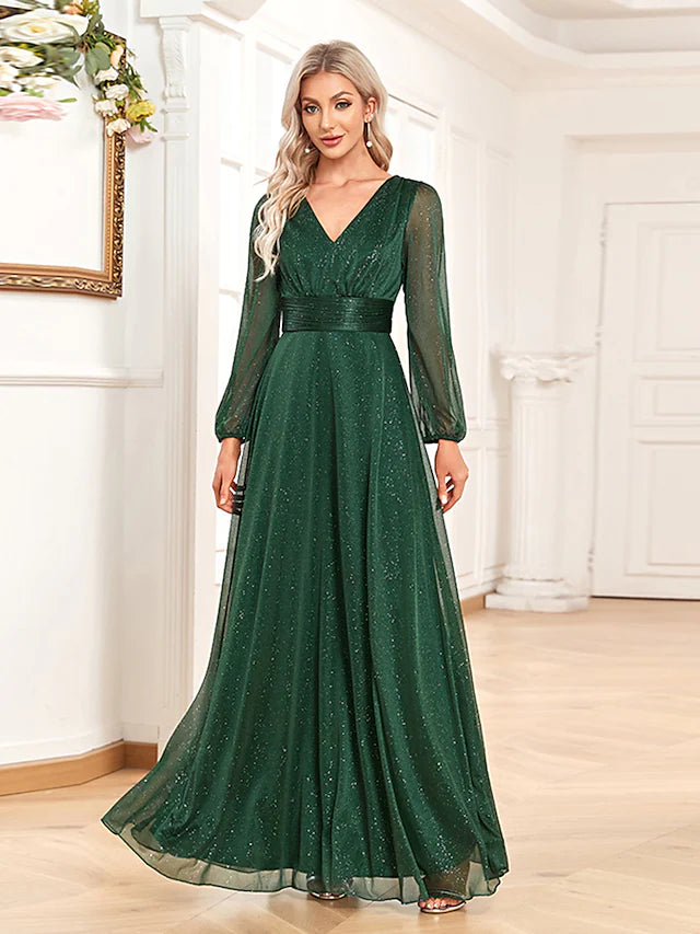 Deal Frenzy A-Line Evening Gown Elegant Dress Formal Floor Length Long Sleeve V Neck Chiffon with Sequin