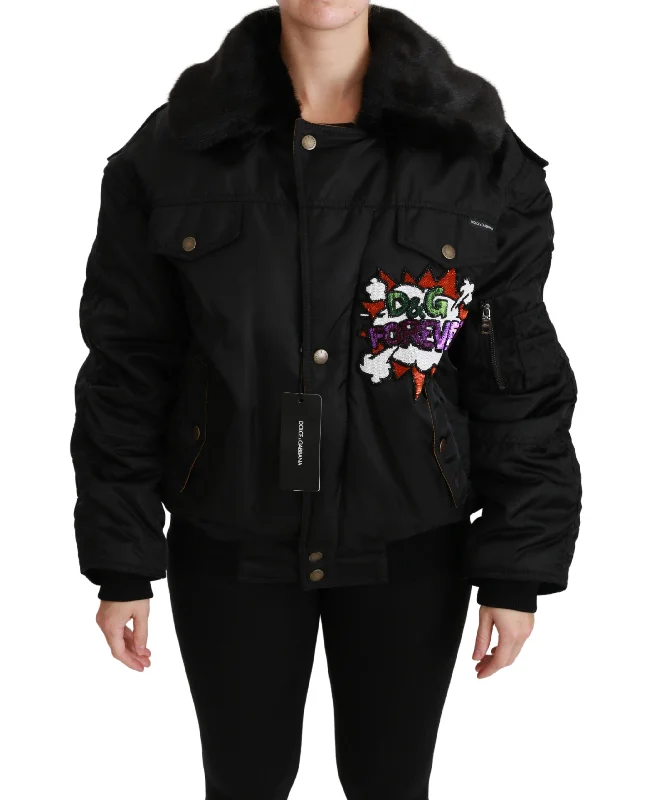 trendy puffer coatDolce & Gabbana  Women's Black DG Forever Bomber Jacket with Fur Collar