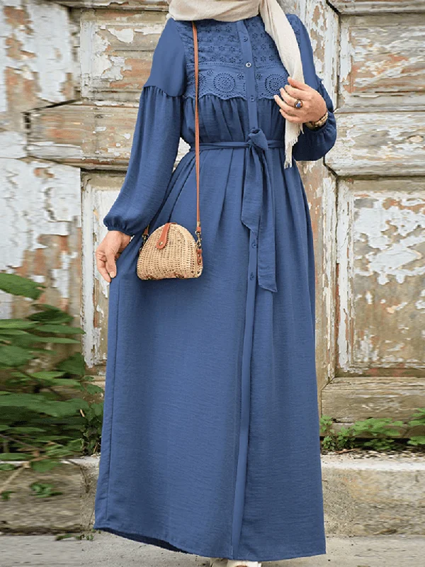 Lowest Price bodycon dressWomen Lace Trims Patchwork Solid Vintage Lace-Up Long Sleeve Casual Dress