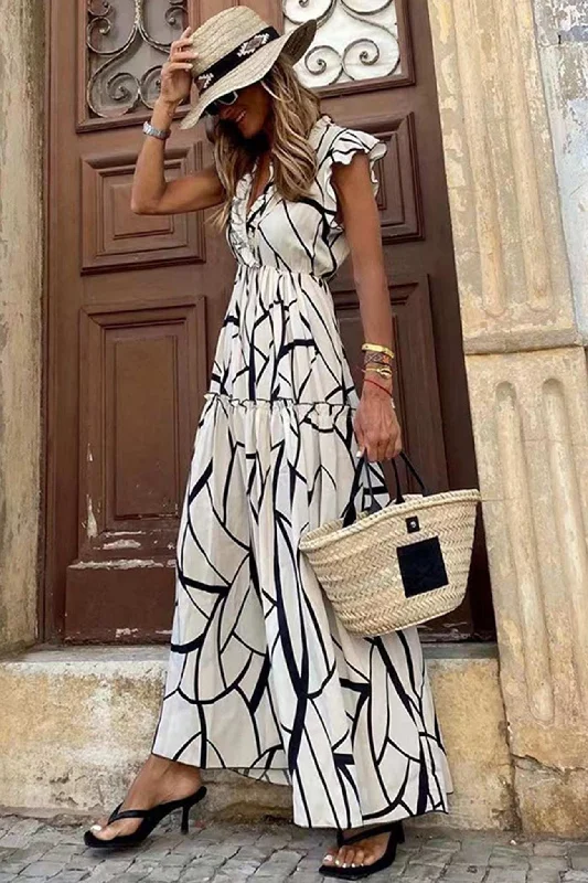 t-shirt dressGeometric Print V Neck Ruffle Maxi Dress