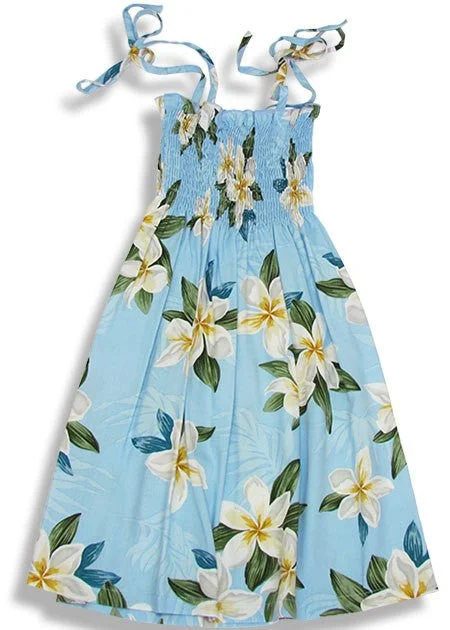 Clearance Sale 109R - Girls Elastic Tube Top Dress Plumeria Shower Light Blue