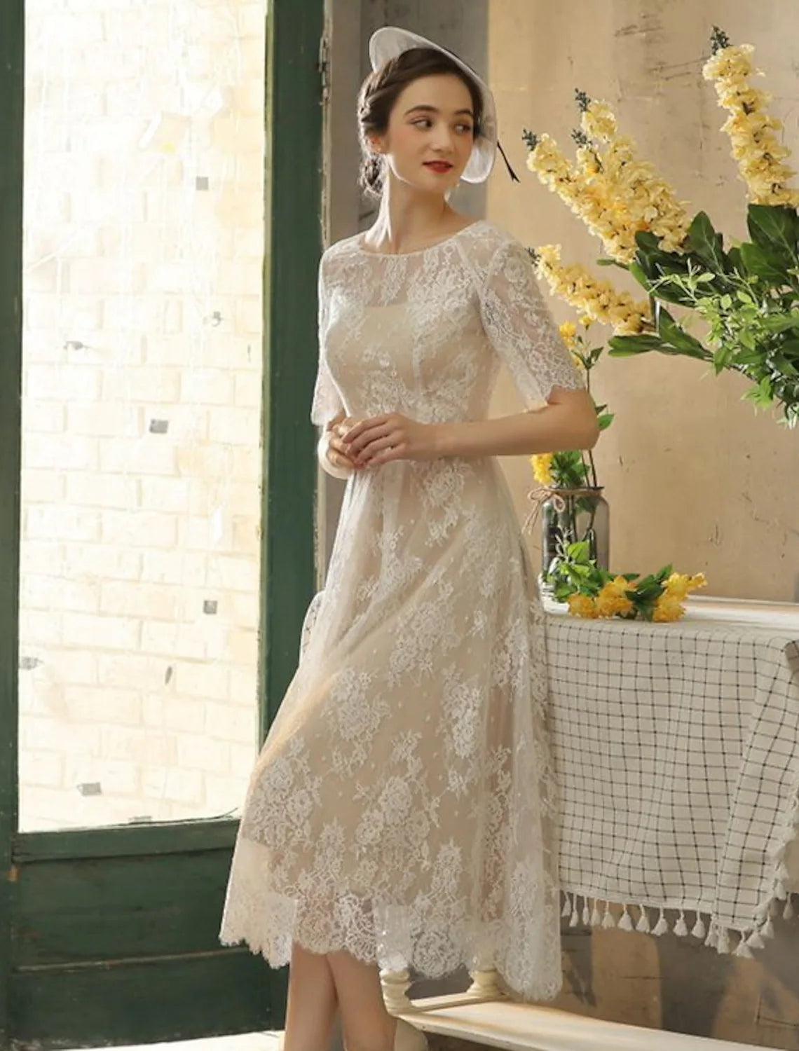 Epic Deals Bridal Little White Dresses Wedding Dresses A-Line Half Sleeve Lace With Sash Ribbon Appliques