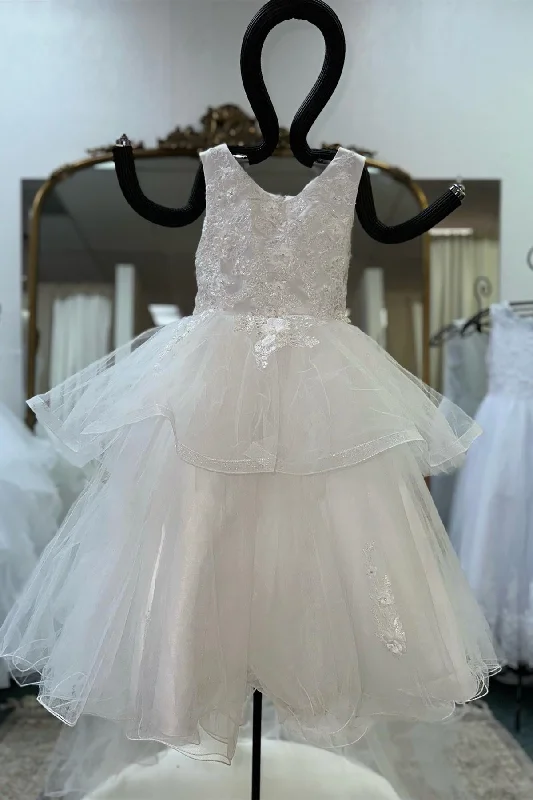 Price Break backless dressWhite Sleeves Beaded Appliques Multi-Layers Long Flower Girl Dress