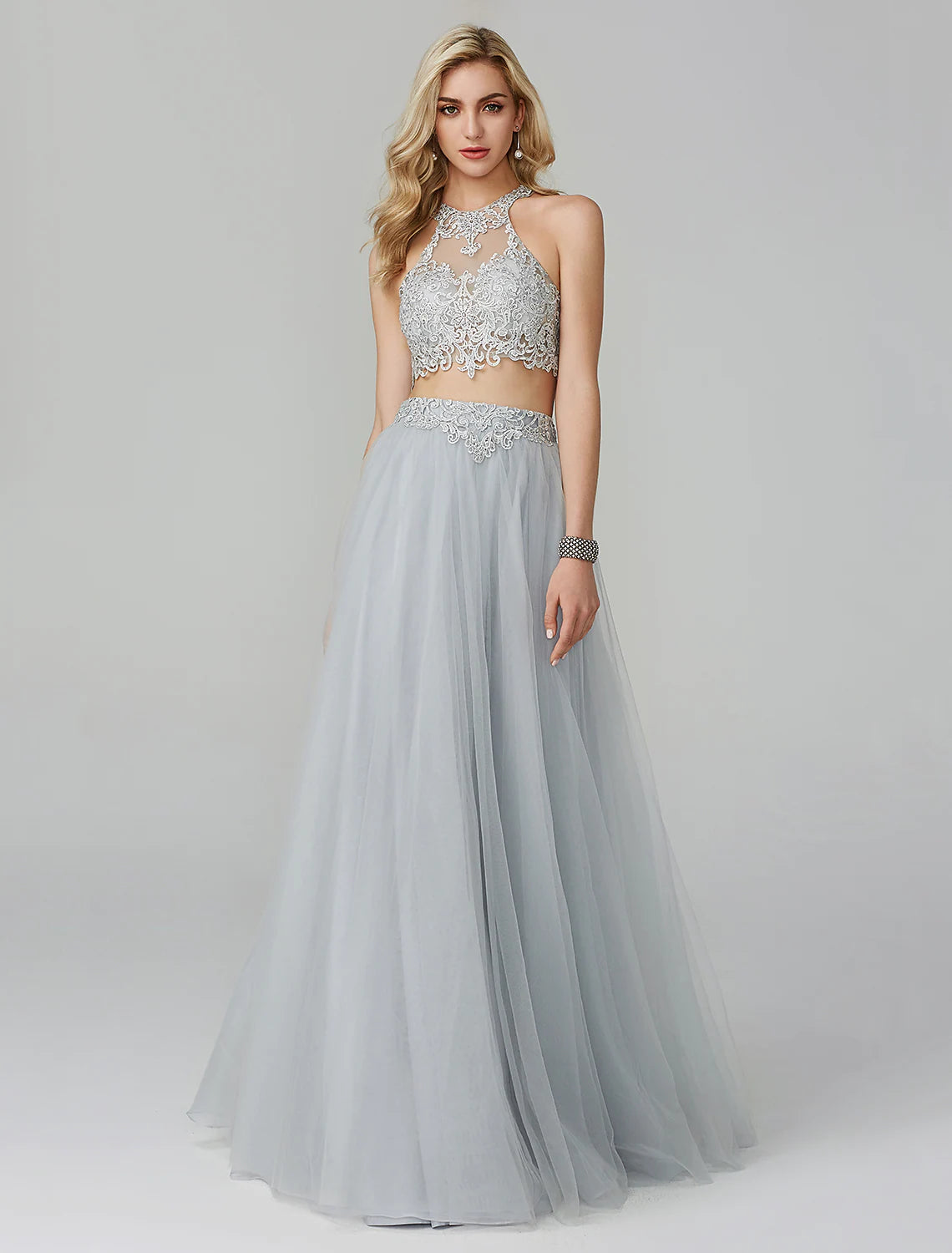 Online Only Two Piece Prom Formal Evening Dress Sleeveless Floor Length Lace