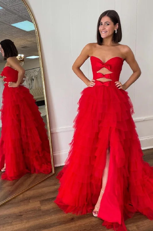 Price Slash summer dressRed Strapless A-line Layers Bows Long Prom Dress with Slit