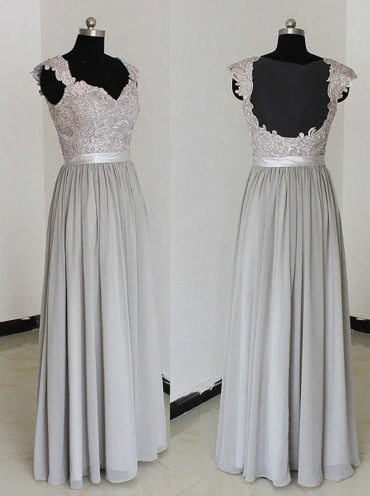 Now or Never ashionable dressElegant A-Line Chiffon Silver Long Bridesmaid Dress with Lace Appliques