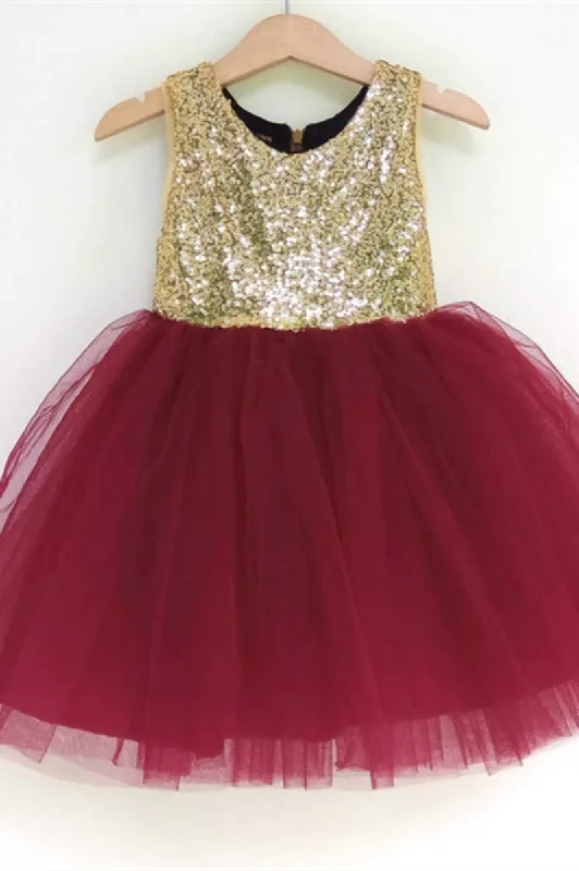 Special Offer bohemian dressGold & Burgundy Sequins Girl Party Dress