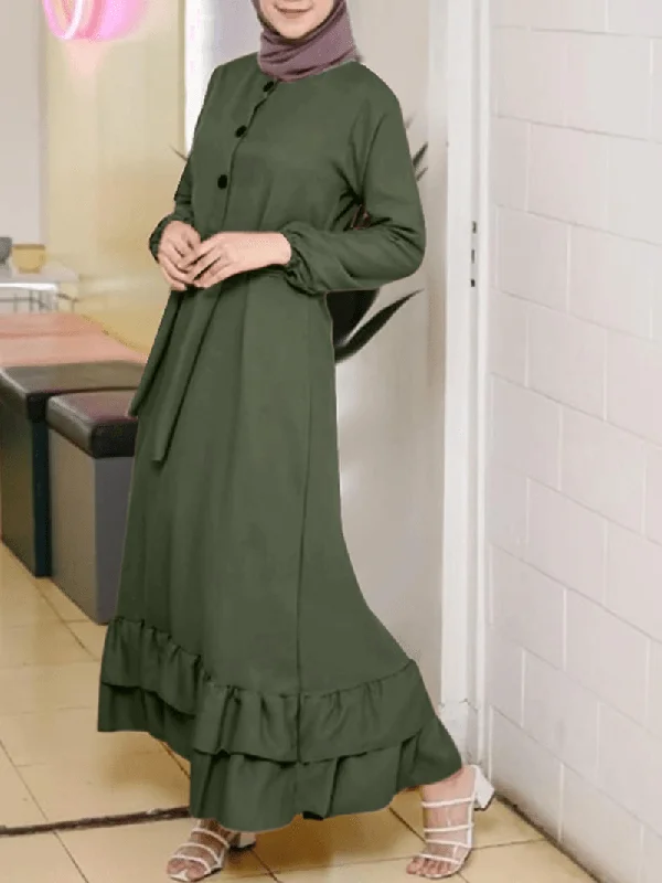Great Bargains cocktail dressWomen Long Sleeve Solid Ruffles Hem Abaya Kaftan Pleats Button Midi Dresses