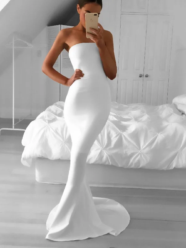 Stock Up and Save midi dressSimple Strapless Mermaid White Long Bridesmaid Dress