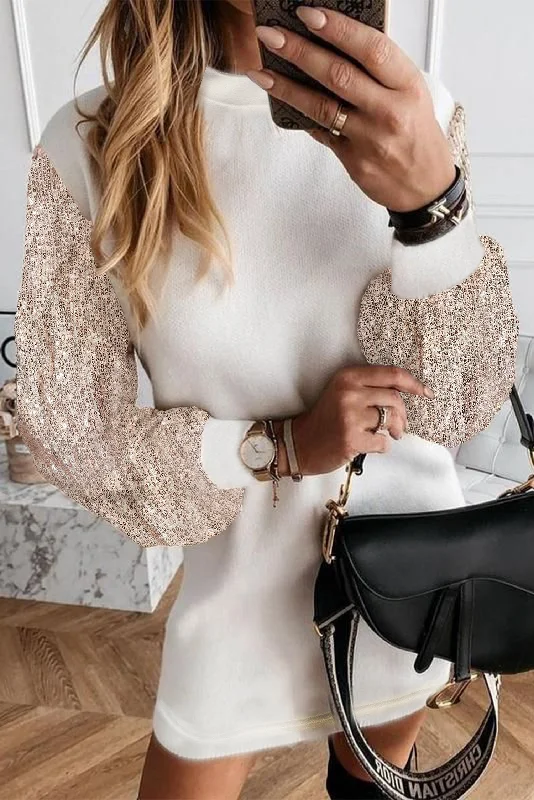 high-waisted dressWhite Sequin Puff Sleeve Shift Mini Long Sleeve Sweater Dress