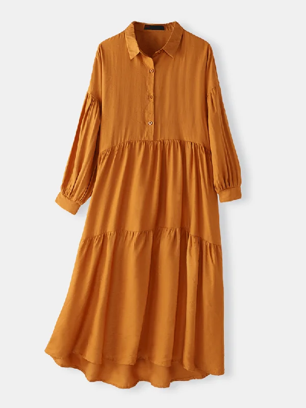 One-DAY Sale boho dressWomen Puff Sleeve Solid Pleats Lapel Button Maxi Dresses