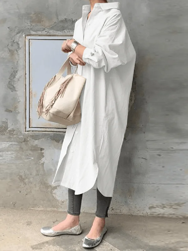 Time-Limited Offer backless dressWomen's 100% Cotton Solid Color Curved Hem Lapel Shirt Dress – The Perfect Blend of Comfort and Style