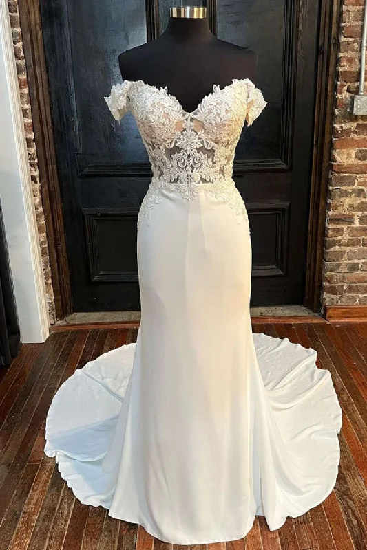 Flash Deals minimalistic dressWhite Lace Off-the-Shoulder Mermaid Long Wedding Gown