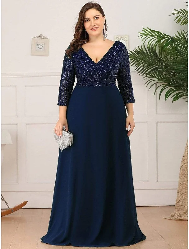 Mega Deal A-Line Evening Gown Plus Size Dress Wedding Guest Floor Length  Length Sleeve V Neck Chiffon V Back with Sequin