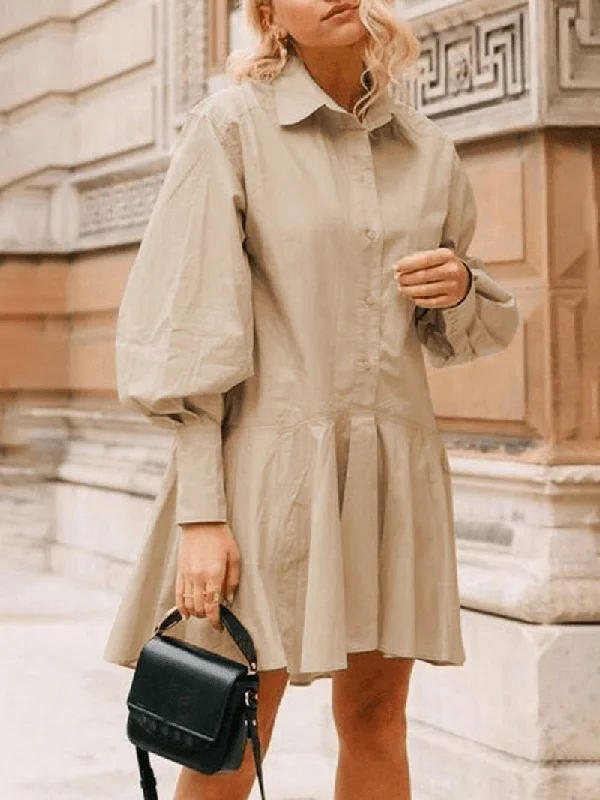 Extra Savings modern dressWomen Daily Lapel Puff Sleeves Ruffled Fishtail Shirt Skirt