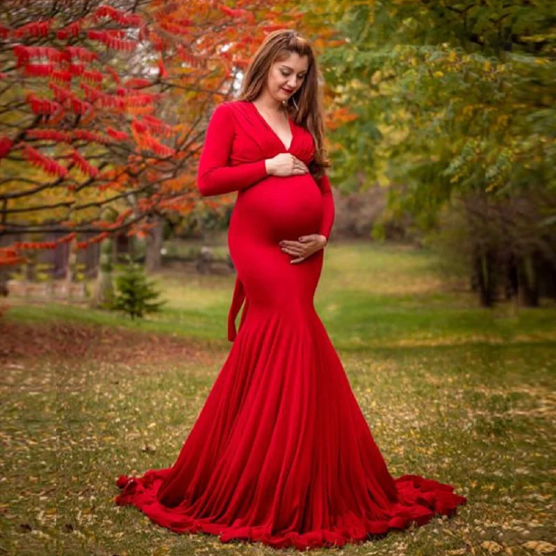 Final Markdown flowy evening dressMercerized Cotton Maternity V-neck Mop Long Sleeve Long Dress