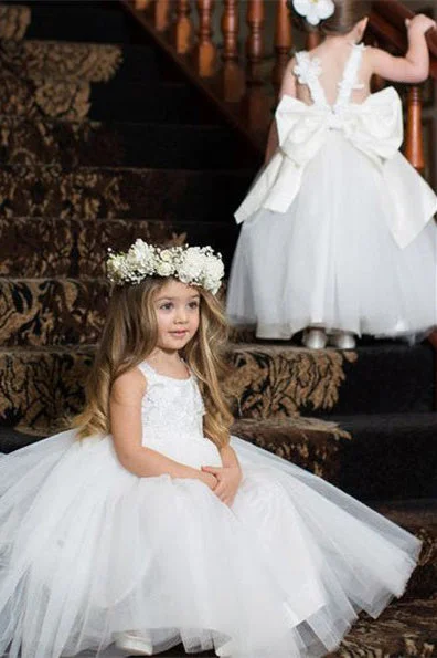 Instant Discount sophisticated dressPrincess Ball Gown White Tulle Flower Girl Dress with Bow Knot